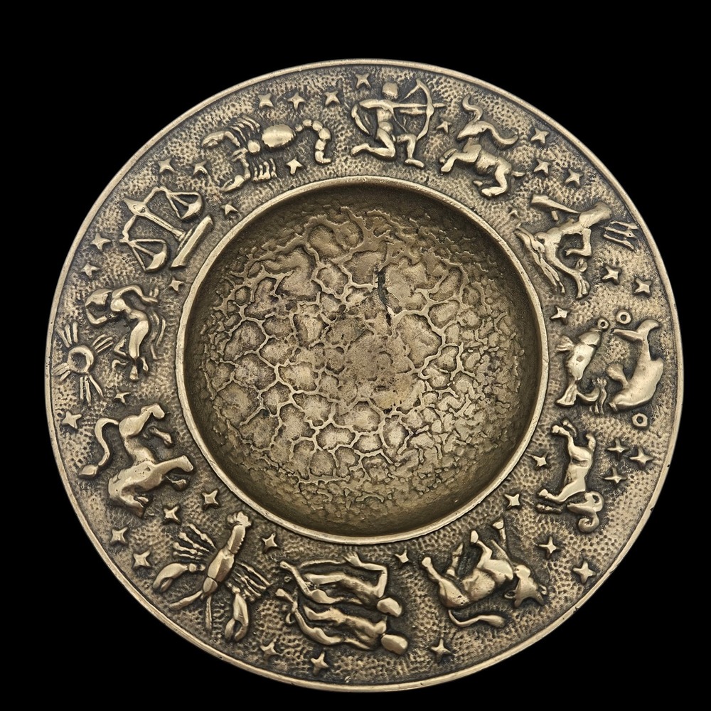VTG Astrological Zodiac Signs Brass Bowl Trinket Dish Ashtray Tarot Large Heavy
